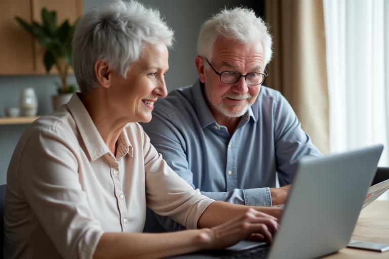 Un formateur aidant avec patience une personne senior sur un ordinateur portable.